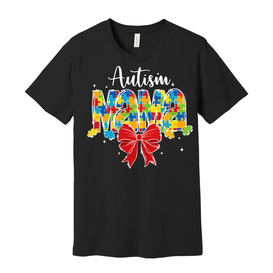 Autism Mama Puzzle Piece and Coquette Bow Tee