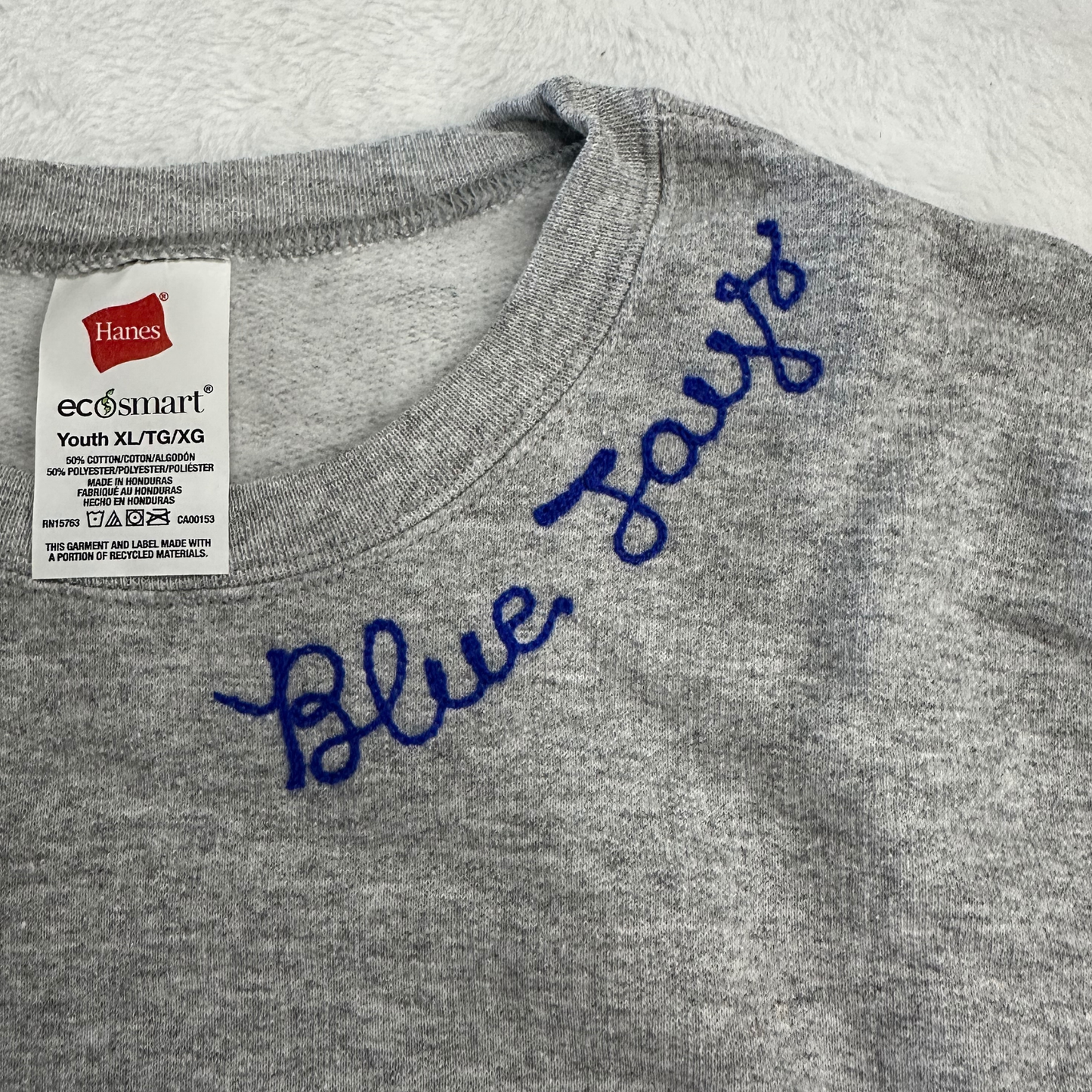 Gray Sweatshirt with Blue Chainstitch Collar Blue Jays