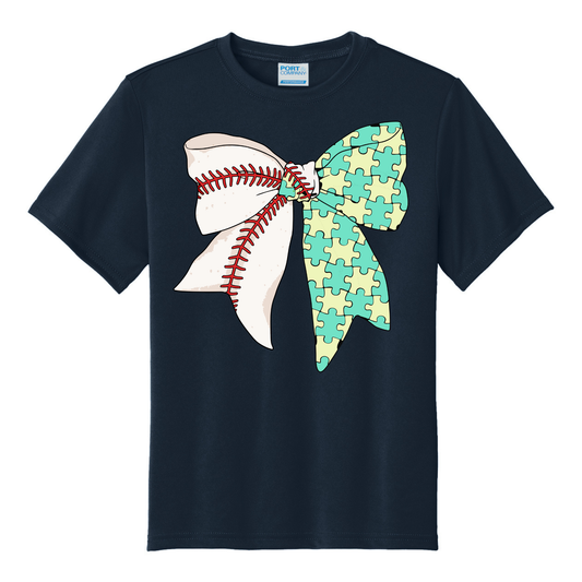 Autism Baseball Bow Navy/Mint/Cream Tee