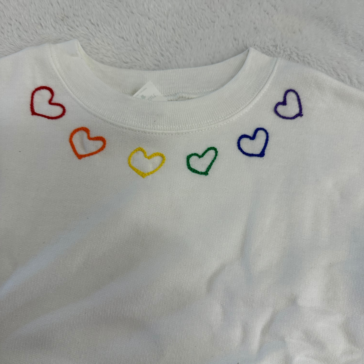 White Sweatshirt Rainbow Heart Collar Chainstitch