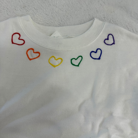 White Sweatshirt Rainbow Heart Collar Chainstitch